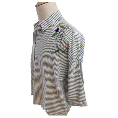 Embroidery Ladies Cotton Blue And White Striped Blouse